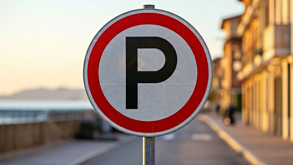 Generic image of a parking sign with a Basque coastal town in the background.
