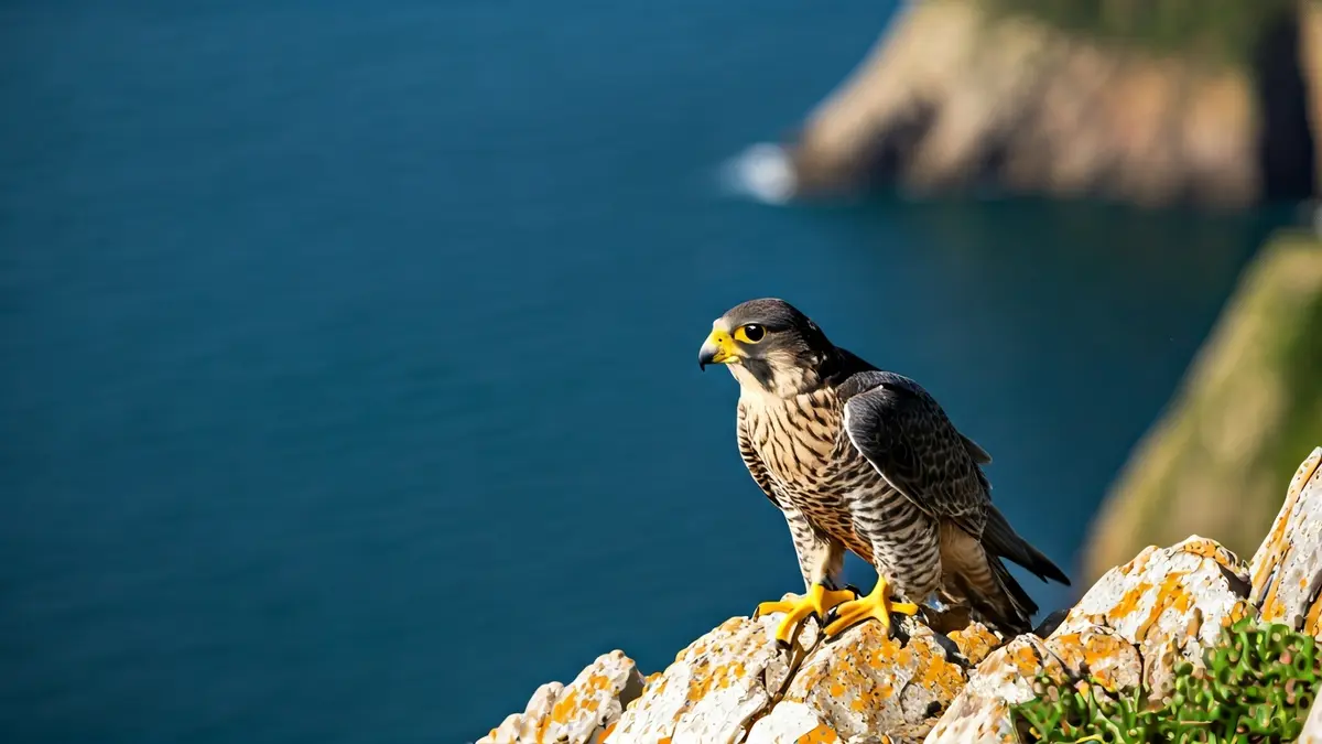 Generic image of a peregrine falcon perched on a rocky cliff with the sea and coastline in the background.