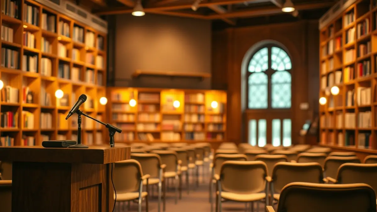 Generic image of a presentation hall in a library, with a microphone and empty chairs.