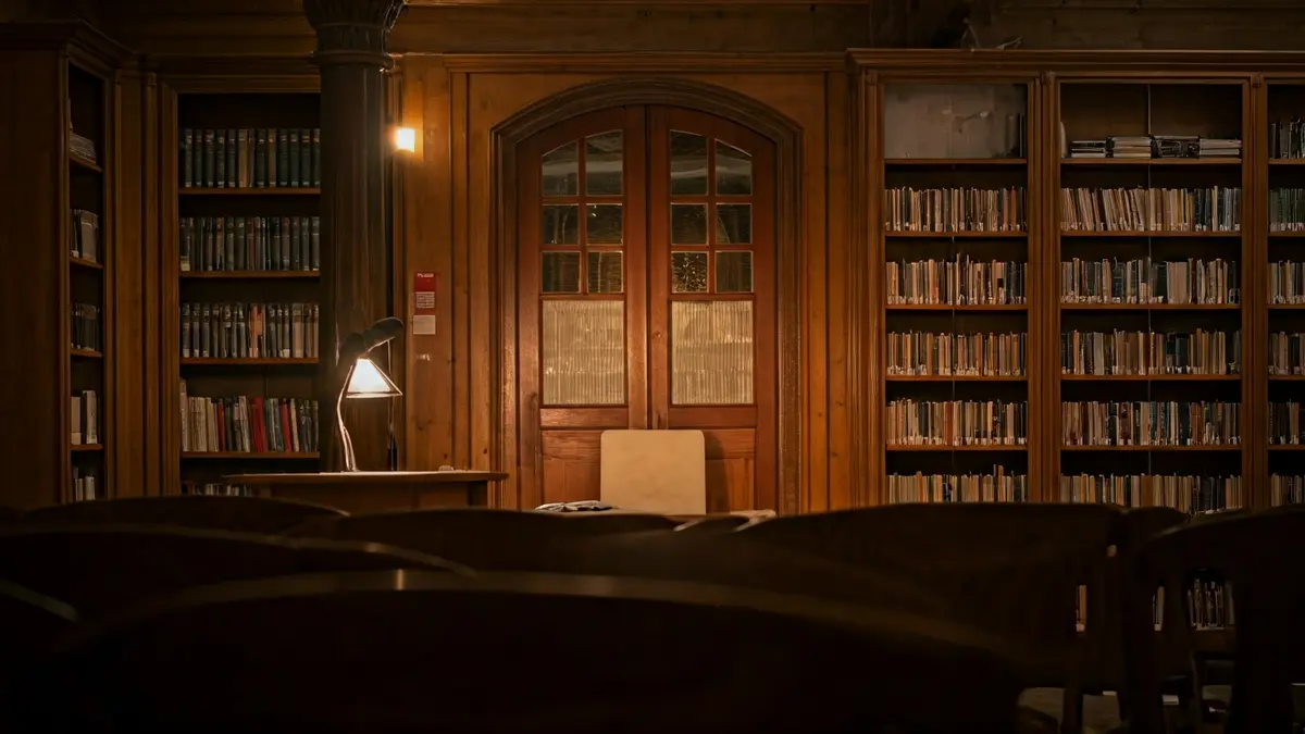 Irudi generikoa liburutegi baten barrualdea, egurrezko apalategiekin eta mikrofono batekin.