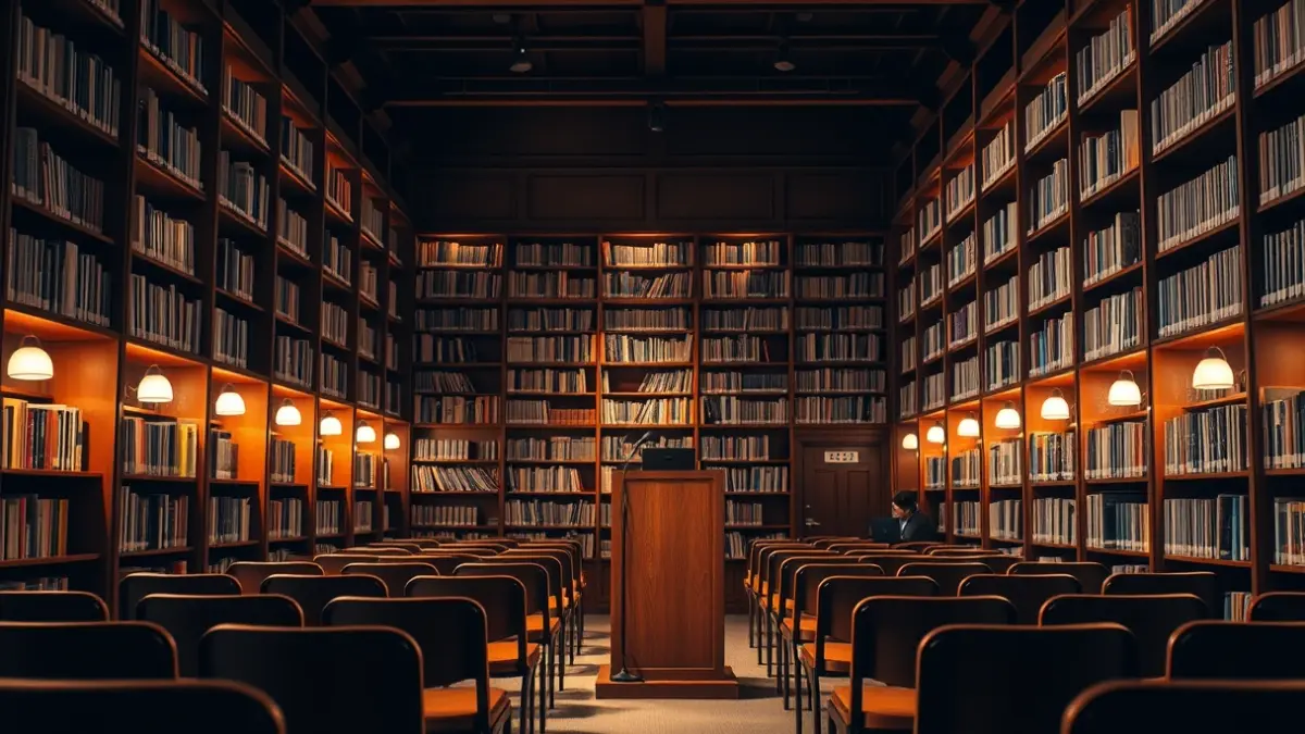 Irudi generikoa liburutegi bateko irakurketa gela batekoa, liburuz betetako apalekin eta mikrofono batekin.