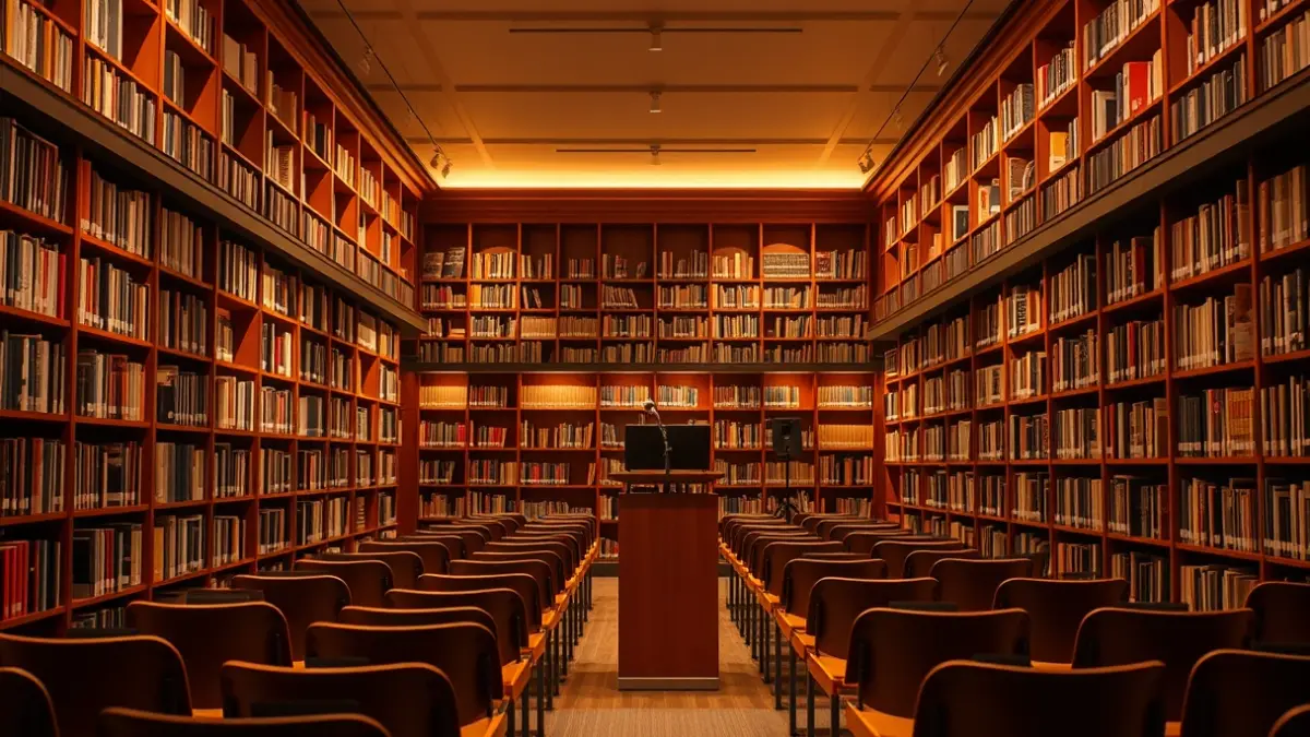 Generic image of a library reading room with bookshelves and a microphone.