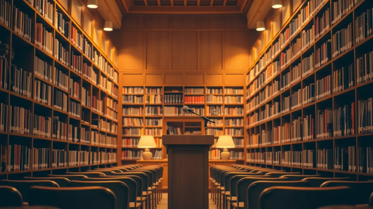 Generic image of a library interior with wooden bookshelves and a microphone.