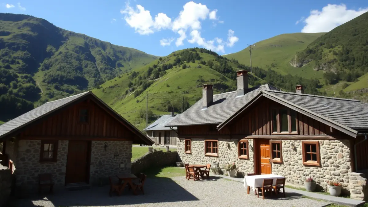 Lizarrustiko aterpetxearen irudi generikoa, mendiz inguratuta.
