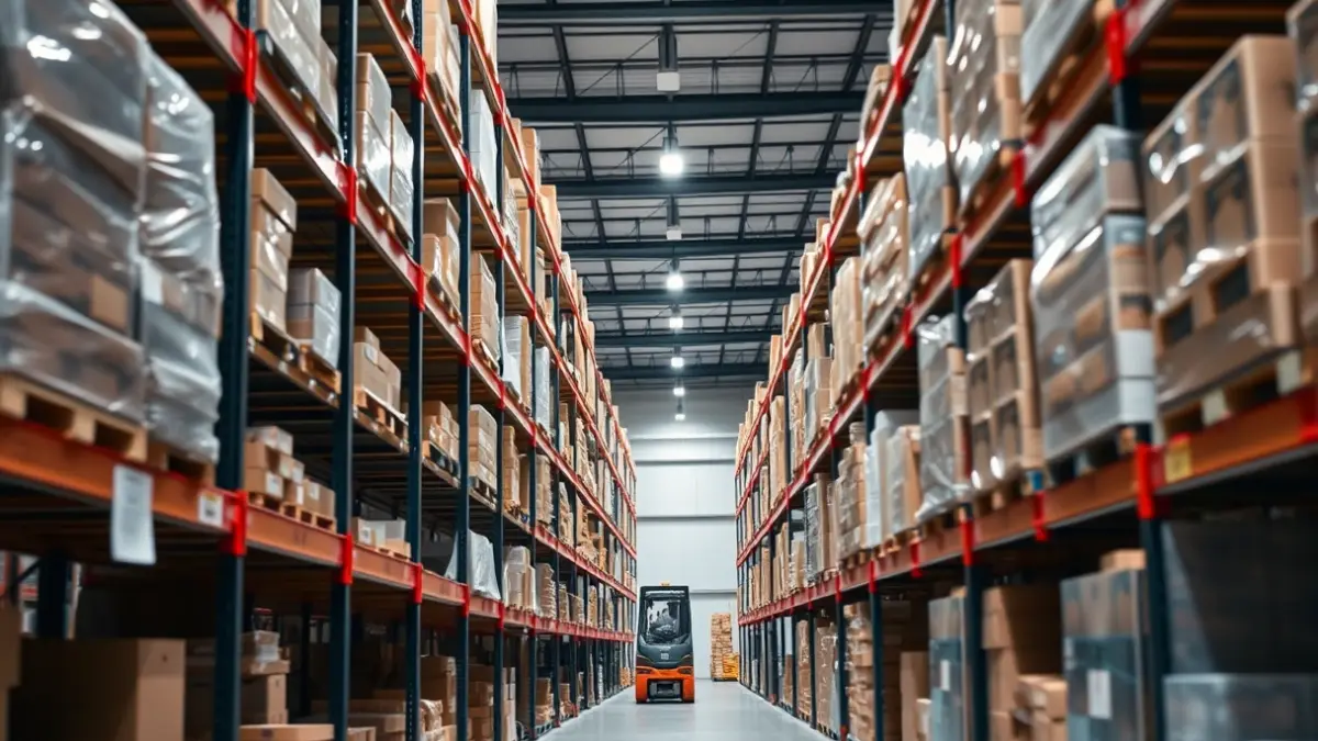 Generic image of a modern logistics warehouse with high shelves and industrial lighting.