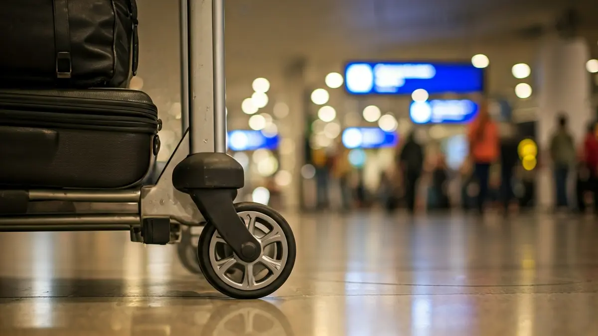 Imagen genérica de la rueda de una maleta en el suelo de un aeropuerto, con viajeros difuminados al fondo.