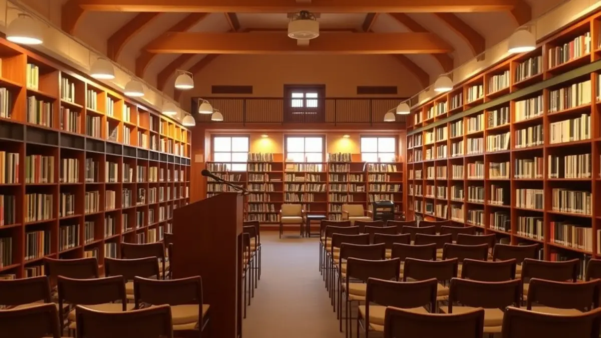 Imagen genérica de una sala de presentación en una biblioteca, con un micrófono y sillas vacías.