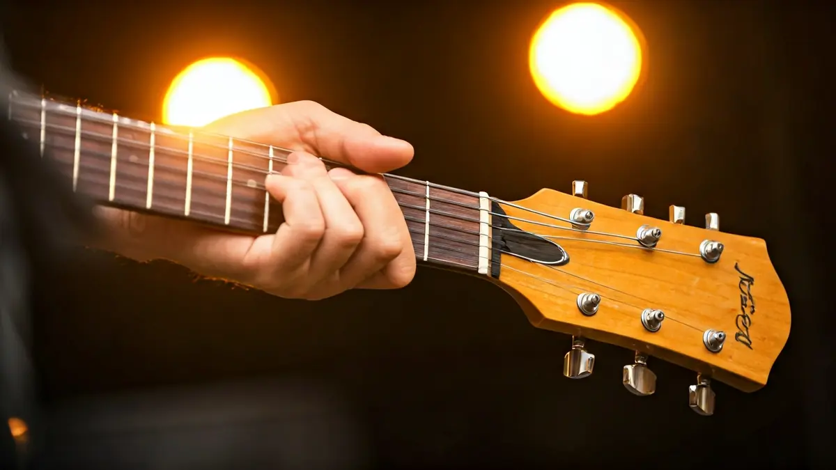 Irudi generikoa gitarra elektriko bat jotzen duen esku baten, kontzertu giroan.