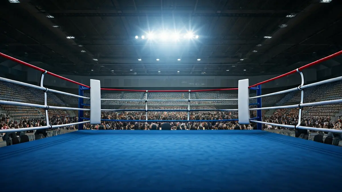 Generic image of a boxing ring, empty and lit, in a sports hall.