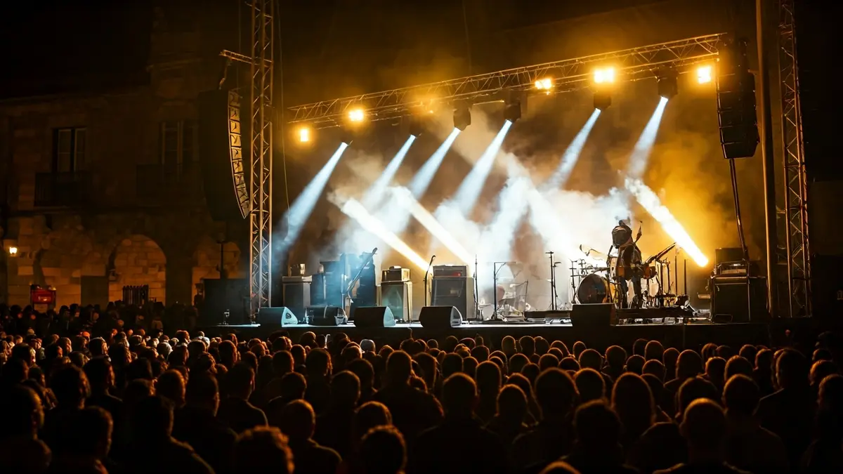 Irudi generikoa kontzertu baten eszenatokia argiekin eta musika-tresnekin.