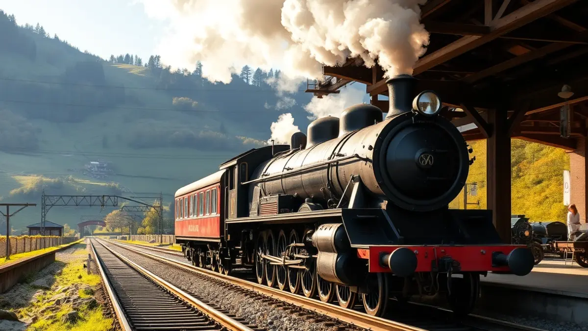 Image of an old steam train locomotive parked at a historic station.