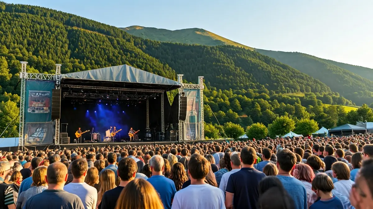 Maeztuko Mendialdea Music Festival jaialdiaren eszenatokia, jendea eta mendiak atzealdean.
