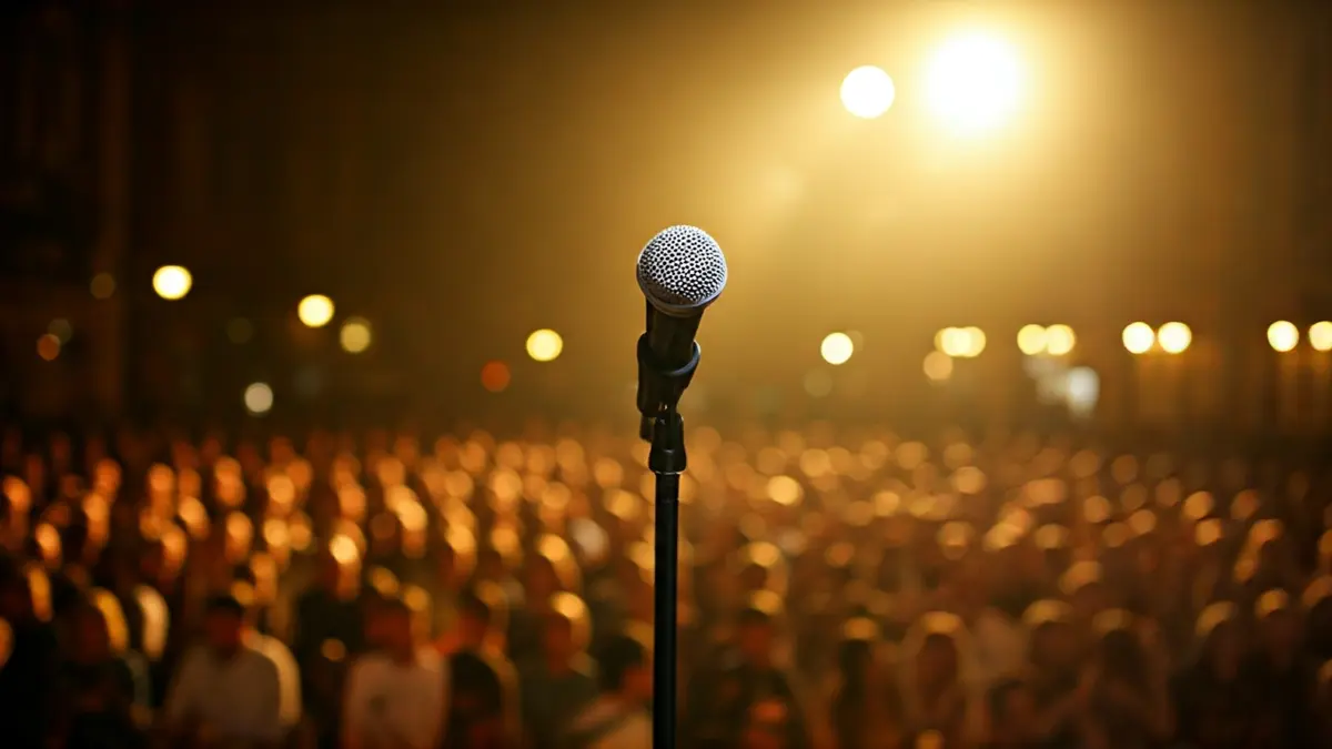 Un micrófono en un escenario con el público difuminado al fondo y una cálida iluminación.