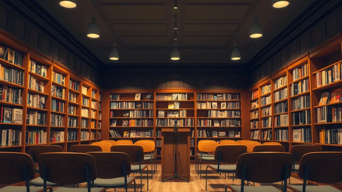 Imagen genérica del interior de una librería con estanterías de madera y una exposición de manga y novelas gráficas.