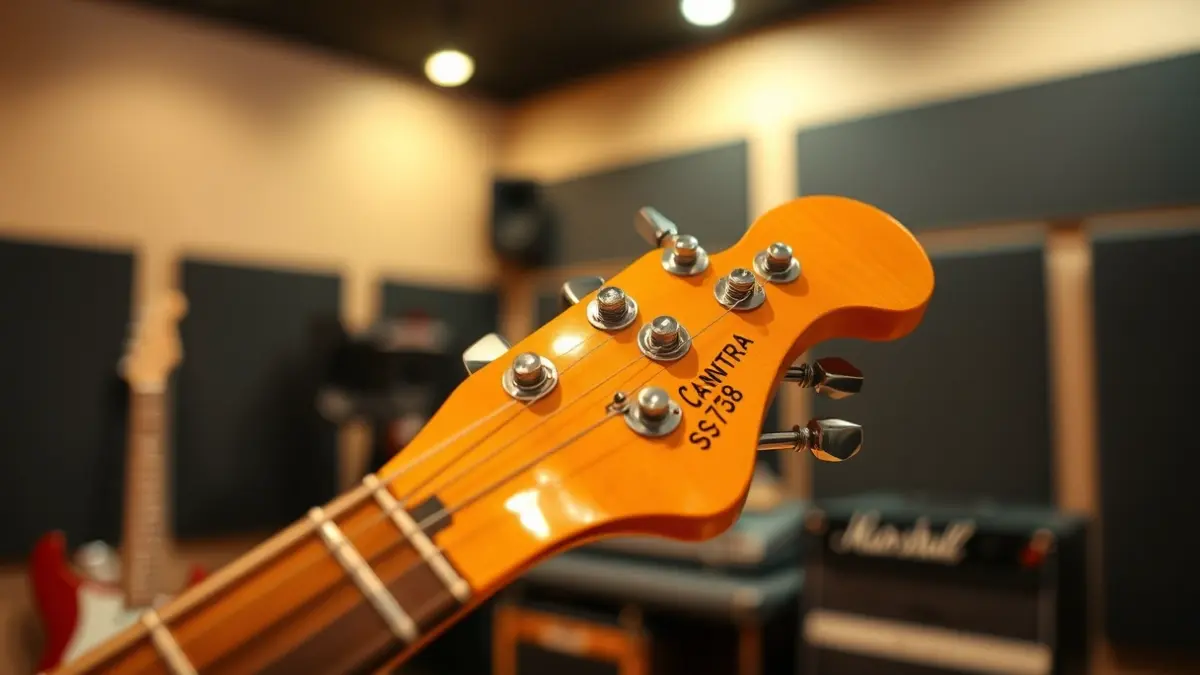 Generic image of a close-up of a vintage electric guitar headstock in a recording studio.