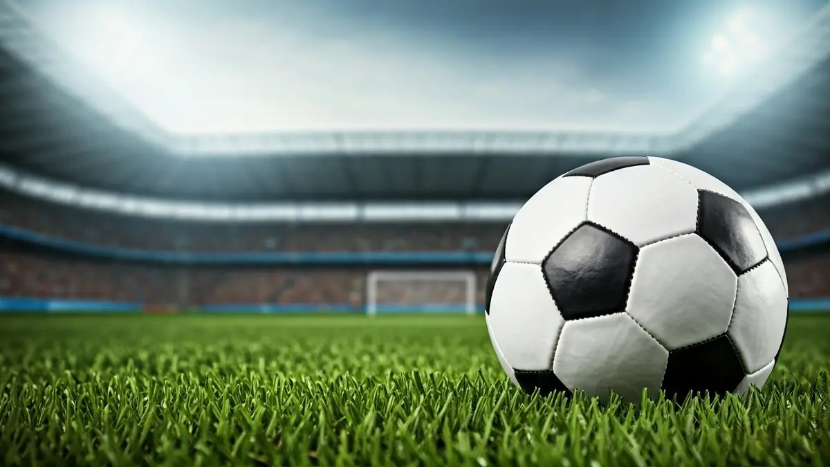 Irudi generikoa futbol baloi bat zelai berdean, atzealdean estadioaren argiak lausotuta.