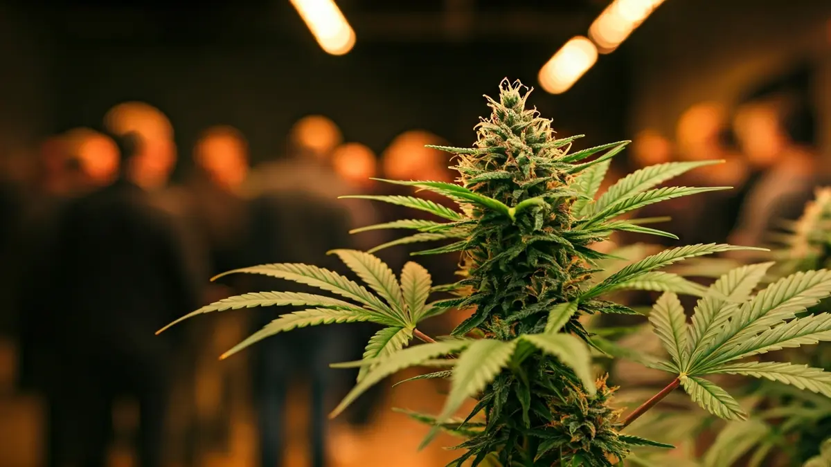 Irudi generikoa marihuana landare baten hurbileko planoan, argi artifizialekin argiztatuta.