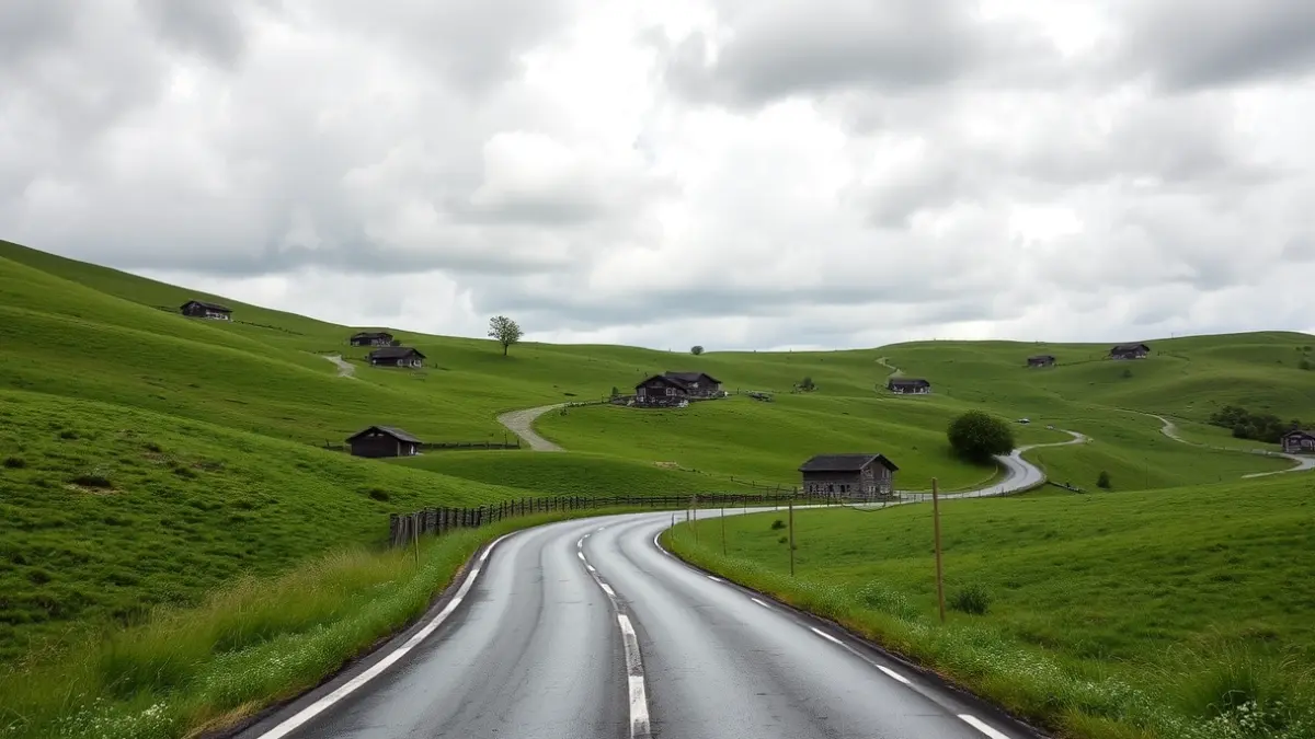 Markina-Xemeingo Larruskain auzoko landa-eremuko errepide bihurgunetsu baten irudi generikoa, baserri sakabanatuekin.