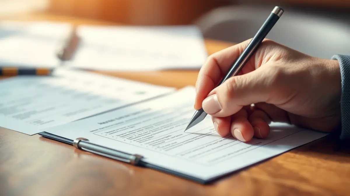 Imagen genérica de una mano rellenando un formulario, con iluminación cálida de oficina.