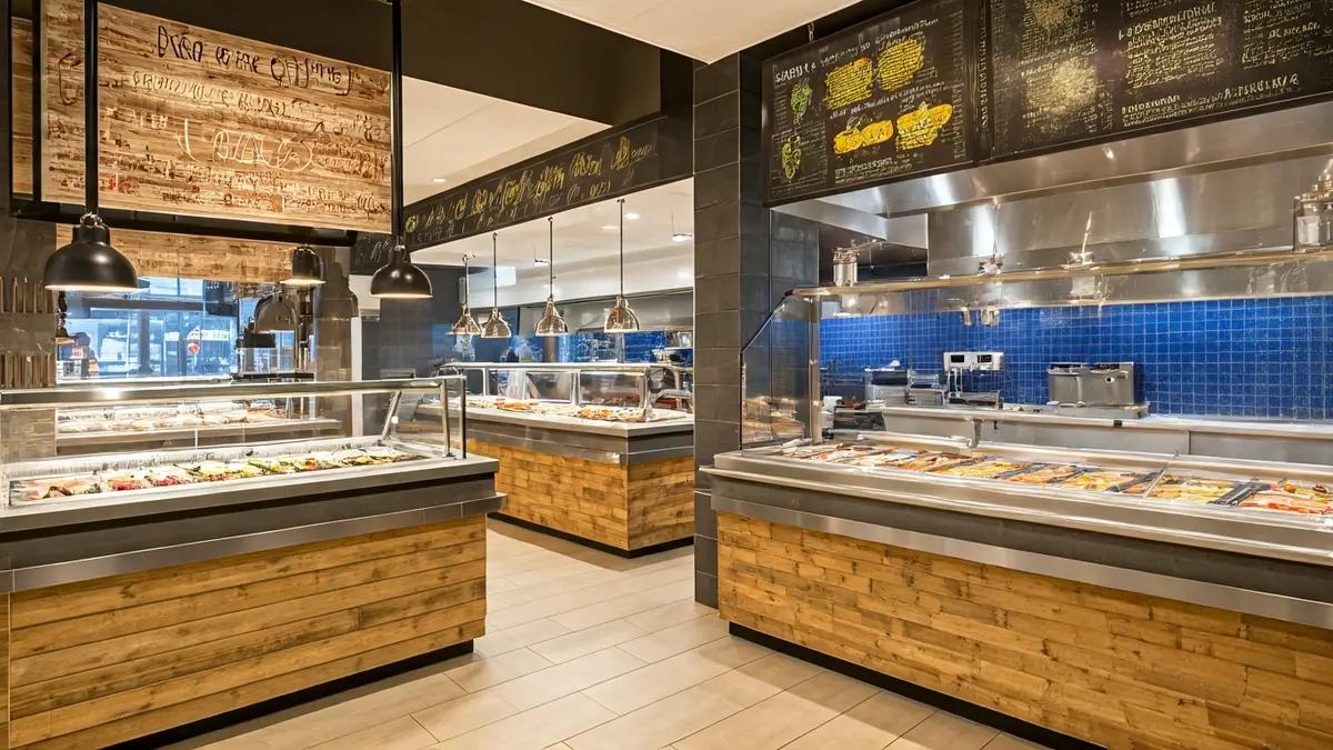 Irudi generikoa jatetxe moderno baten barrualdekoa, janari-postu anitzekin.