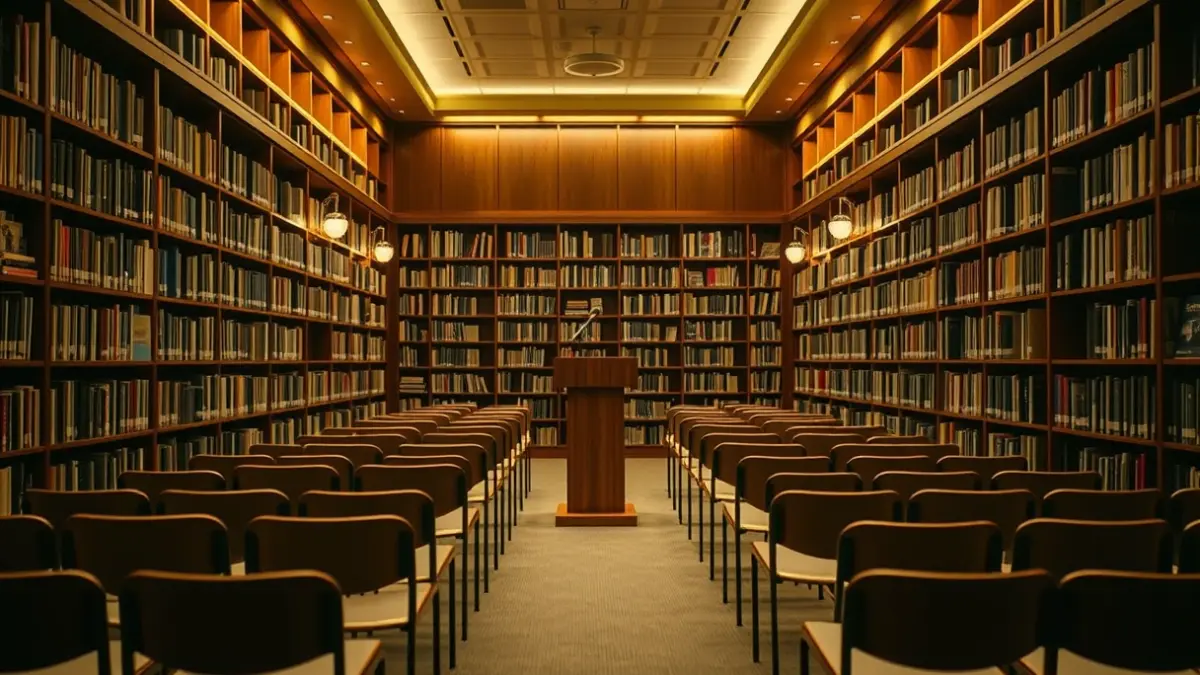 Generic image of a library interior with a microphone, representing a music presentation.