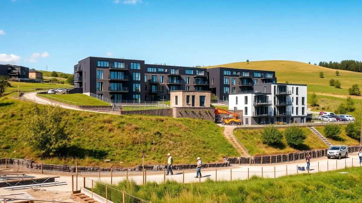 Mendatako etxebizitza babestuen proiektuaren irudi generikoa, eraikuntza lanak ikusten direla.