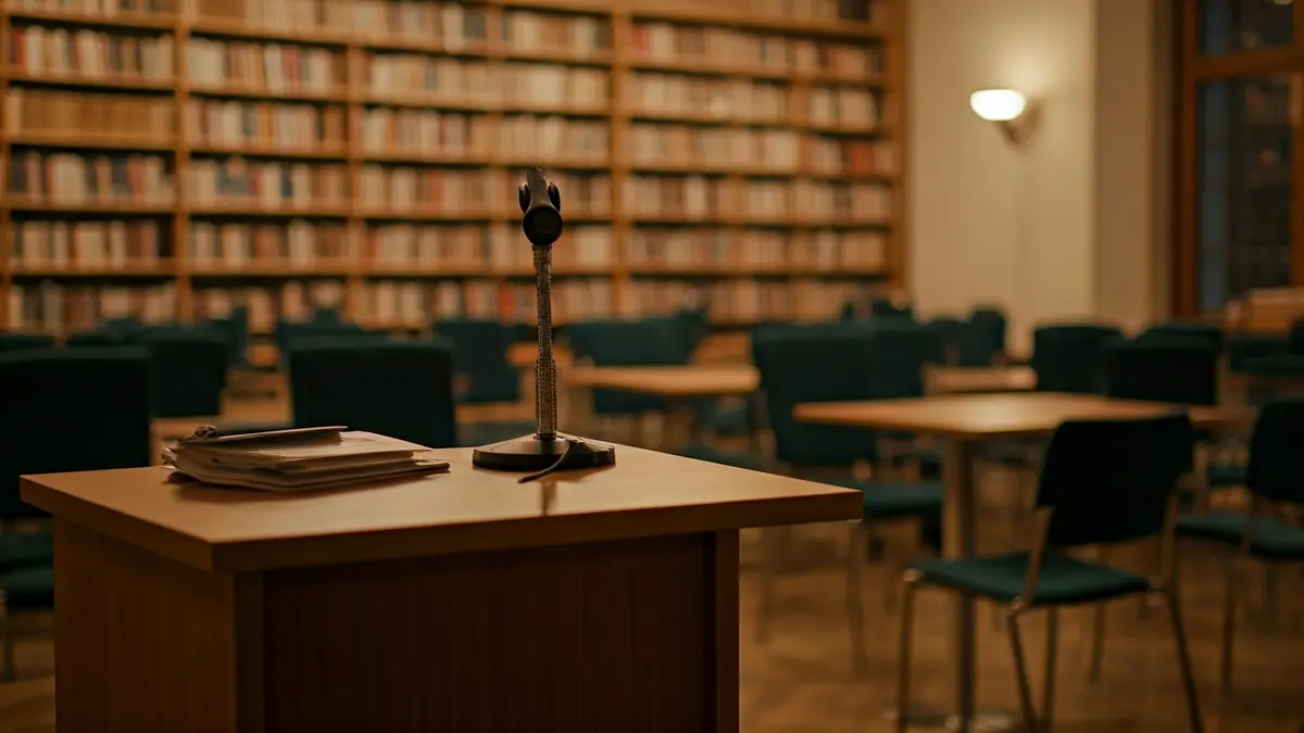 Irudi generikoa liburutegi baten barrualdeko, mikrofono bat eta aulki hutsak agertzen direla.