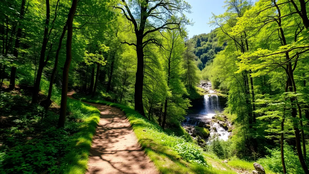 Generic image of a hiking trail through a forest with a small waterfall in the background.
