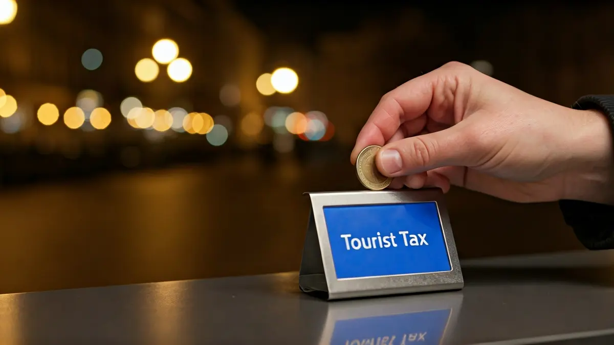 Imagen genérica de una mano introduciendo una moneda en una ranura etiquetada 'Tasa Turística', con luces de ciudad borrosas al fondo.