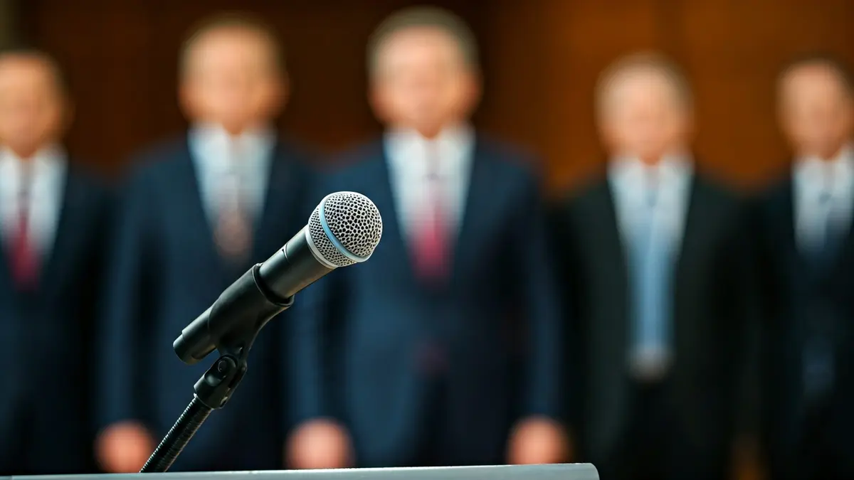 Generic image of a microphone on a press conference podium, with a blurred background.