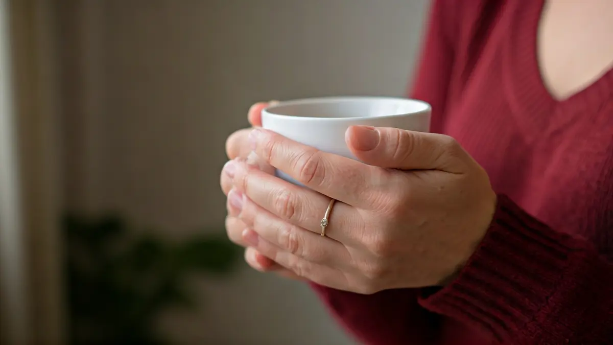 Emakume baten eskuak te kopa bat eusten, lasaitasun eta introspekzio sentsazioa sortuz.