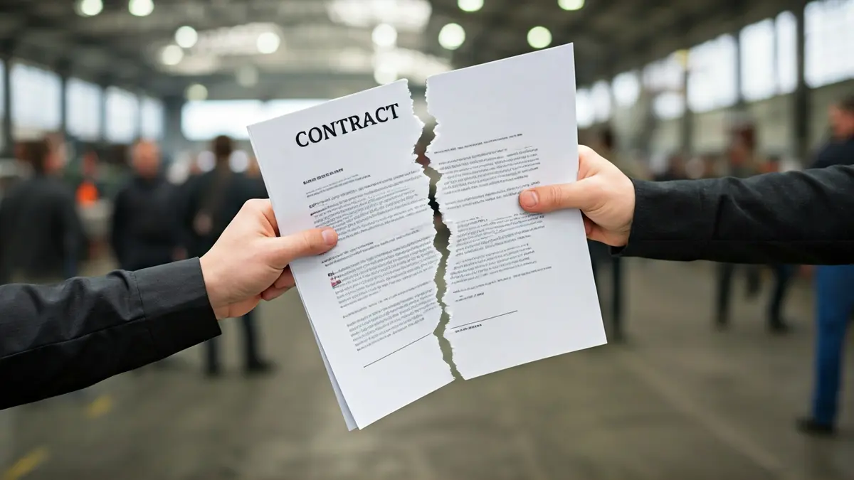 Generic image of a contract being torn in half, with a blurred factory background.