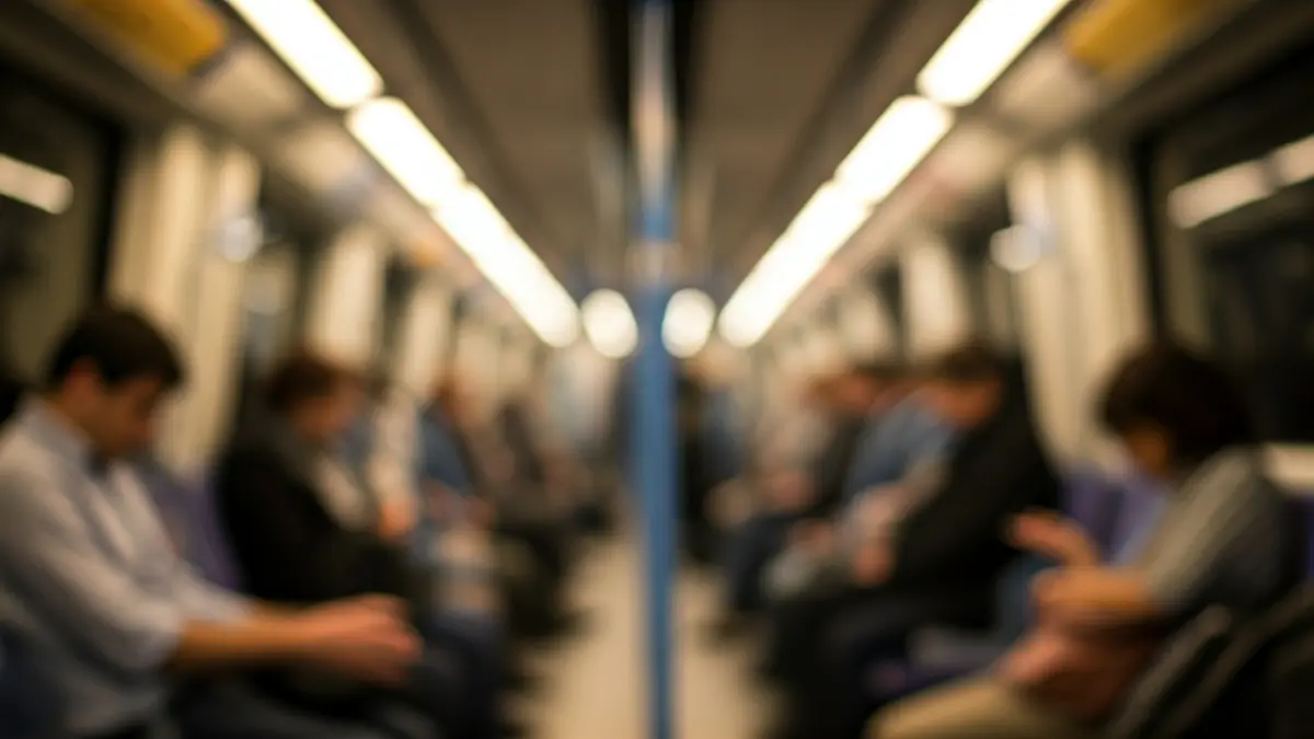 Generic image of a subway car interior, with blurred passengers in the background.