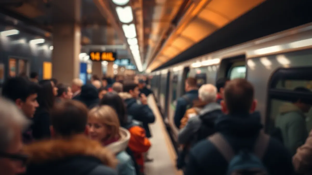 Irudi generikoa metro geltoki jendetsu batekoa, jendea trenaren zain.