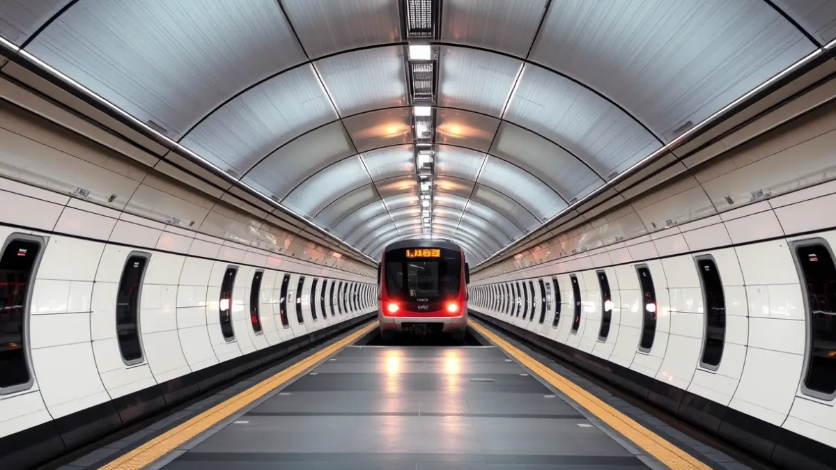 Imagen genérica del interior de un túnel de metro, con luces brillantes y un tren acercándose en la distancia.