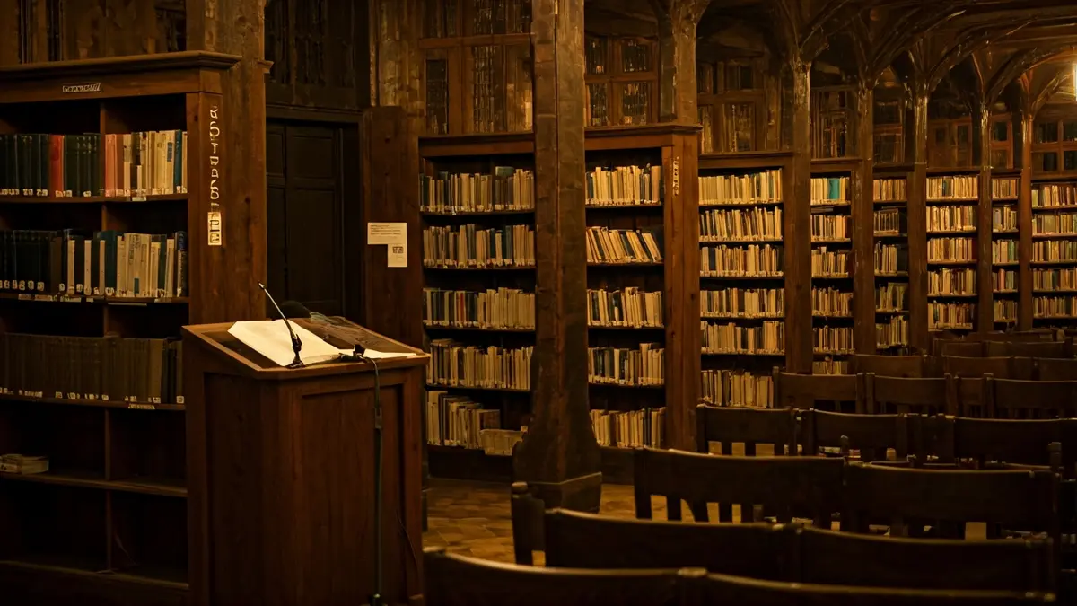 Irudi generikoa liburutegi bateko aurkezpen aretoarena, mikrofono batekin eta aulki hutsekin.