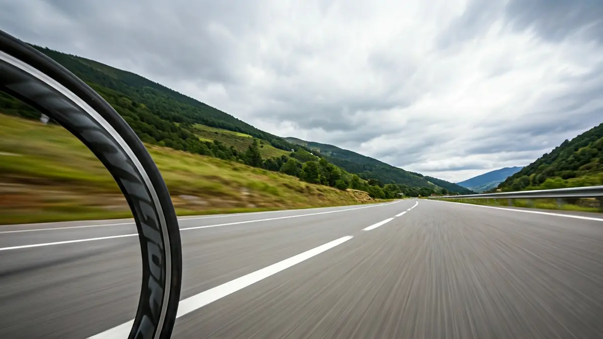 Generic image of a road bicycle wheel with a blurred mountain road in the Basque Country in the background.