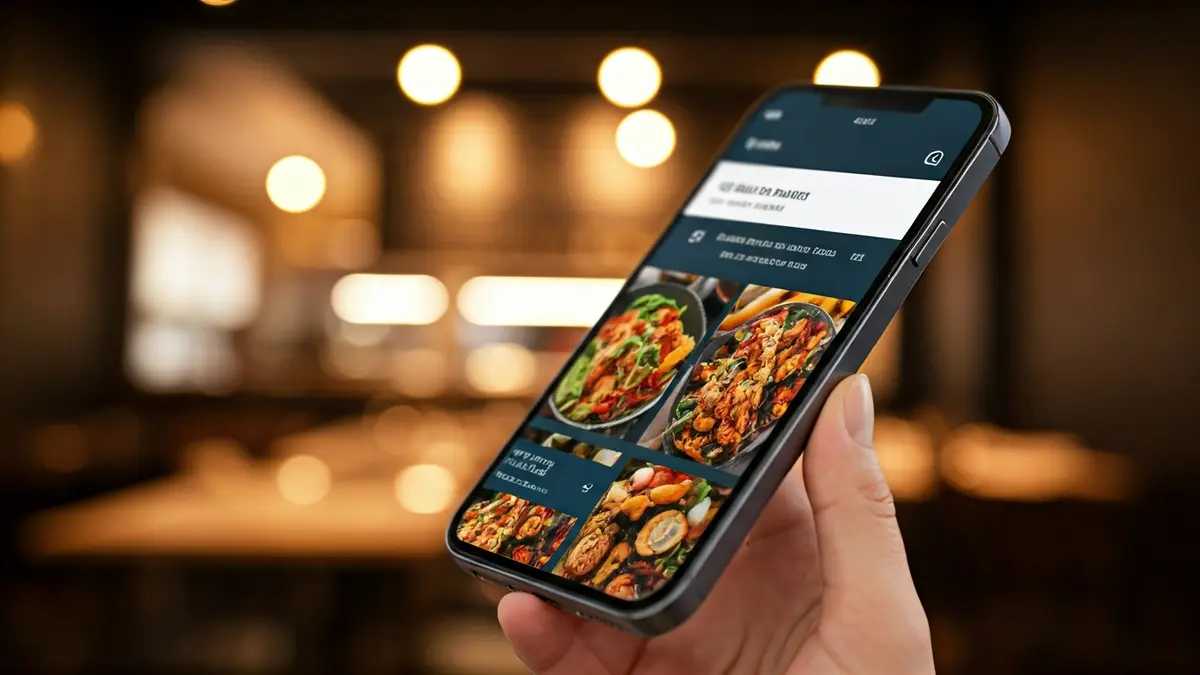 Imagen genérica de la pantalla de un smartphone mostrando una aplicación de reseñas de comida con imágenes culinarias borrosas de fondo.