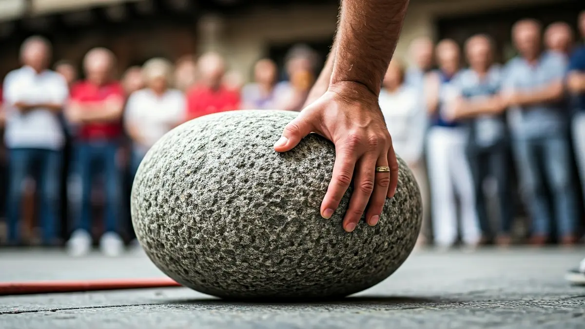 Harri-jasotze lehiaketa baten irudi generikoa, harri handi batekin lurrean.