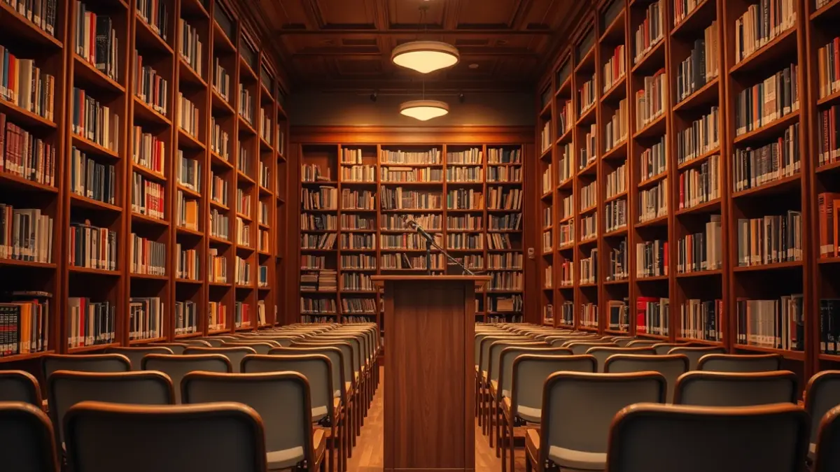 Generic image of a presentation hall in a library, with a microphone and empty chairs.