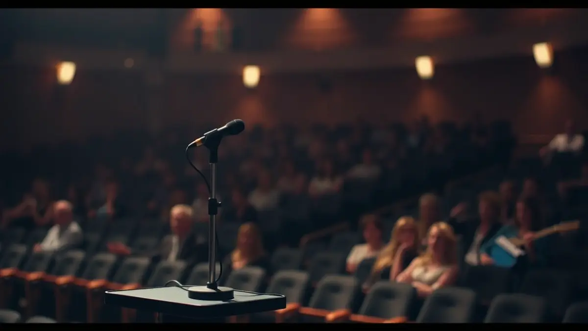 Mikrofono bat agertoki batean, atzealdean eserleku hutsak dituen areto batean.