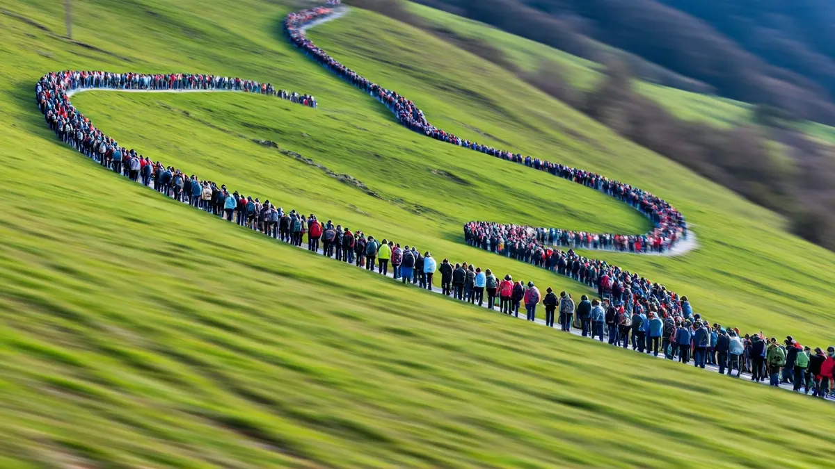 Milaka pertsona mendi-bide berde batetik igotzen Euskadin, udaberriko zeru argiaren azpian.