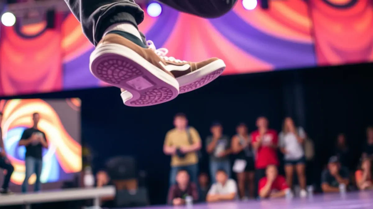 Imagen dinámica de un festival de breakdance, con los pies de un bailarín en el aire girando.