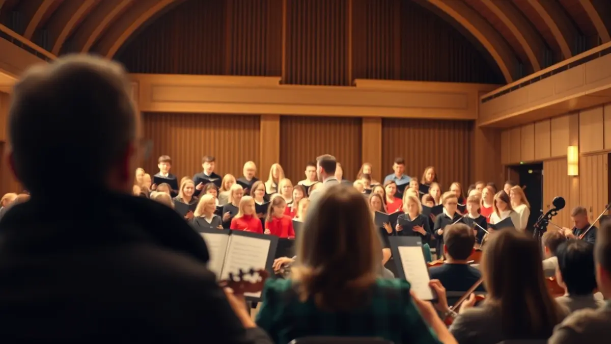 Haurrak abesten eta orkestra bat musika kontserbatorio batean.