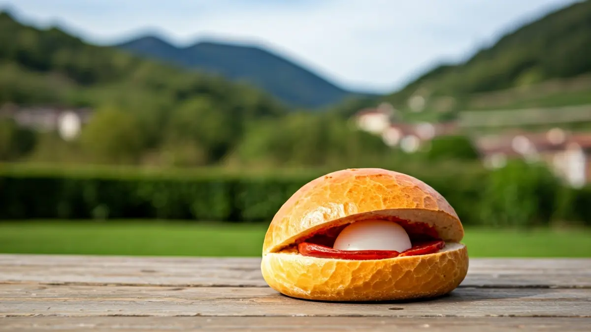 Generic image of a cornite, a traditional bread roll with chorizo and a hard-boiled egg, on a wooden table, with green hills and blue sky in the background.