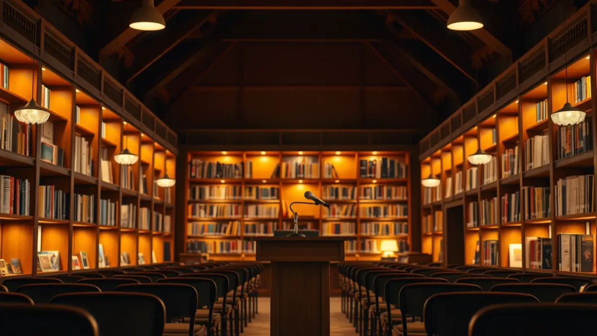 Imagen genérica del interior de una biblioteca, con un micrófono en un pequeño podio y filas de sillas.