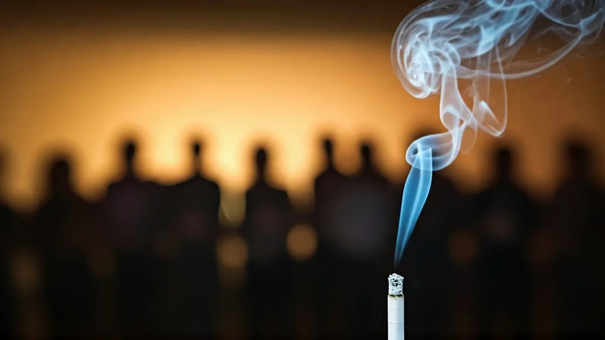 Irudi generikoa zigarro batena, kea gora doala, talde-terapia baten atzealde lausoarekin.