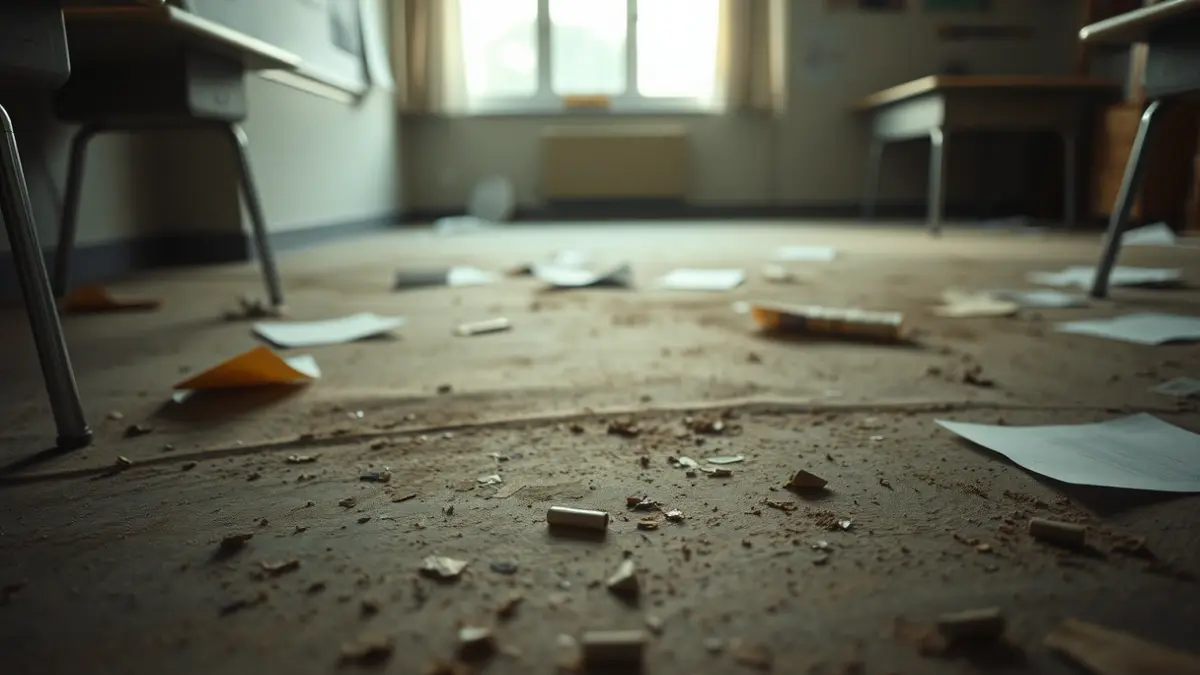 Dirty and dusty floor of a haurreskola, with scattered papers.