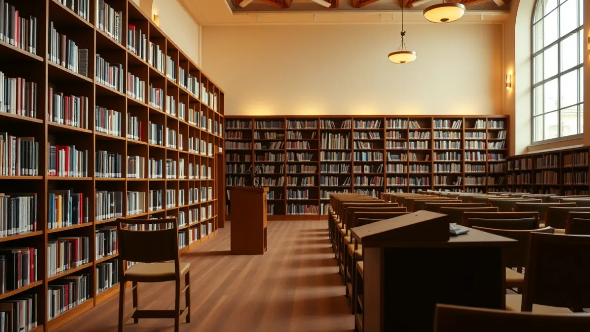 Irudi generikoa: Liburutegi baten barrualdea, egurrezko apalategiekin eta mikrofono batekin.