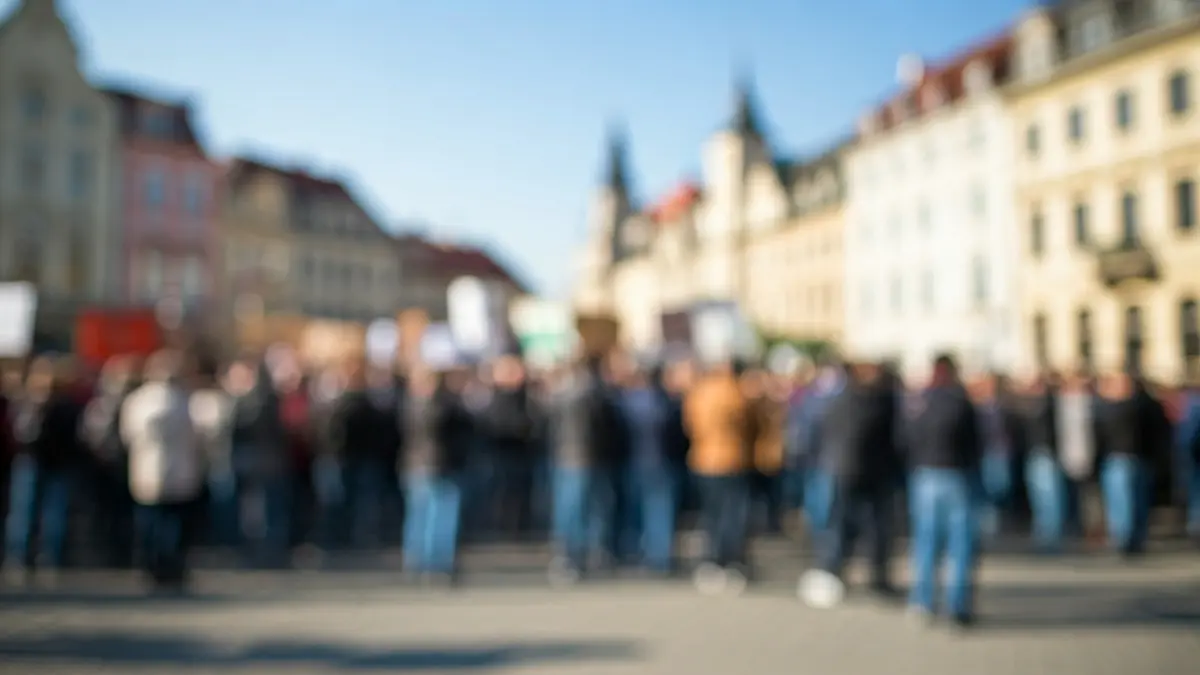 Generic image: Blurred crowd of people gathered in a city square, depicting a protest atmosphere.